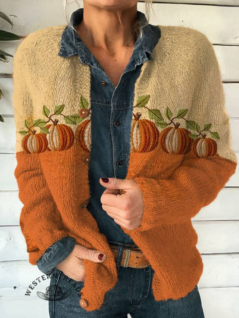Pumpkin Print Buttoned Cardigan Sweater