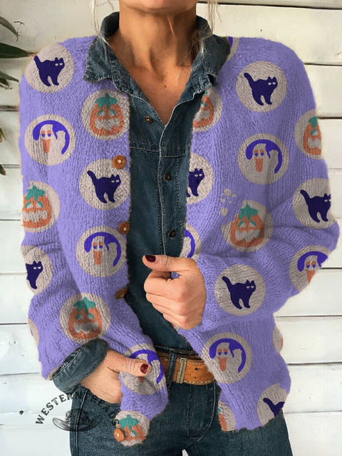 Halloween Print Buttoned Cardigan Sweater