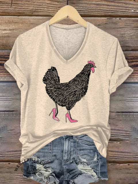 Women's Chicken Print V-neck Casual T-Shirt