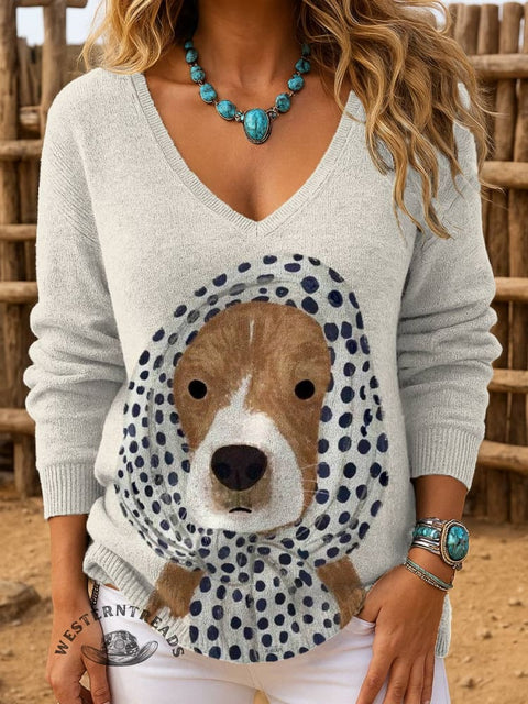 Women's Dog Print Casual Pullover Sweater