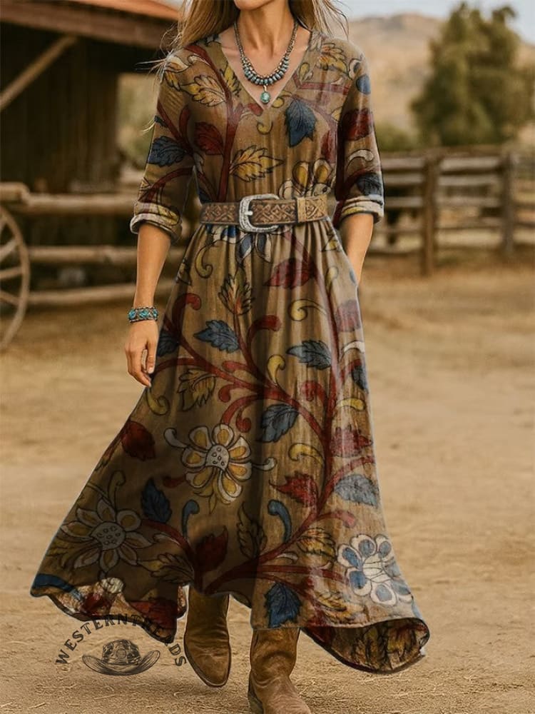 Women's Vintage Plant Print Pocket Cotton Dress