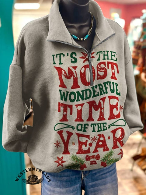 Christmas Print Casual Long Sleeve Zip Sweatshirt