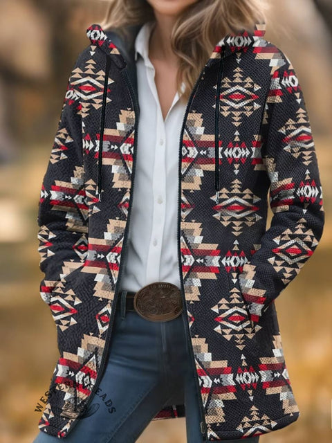 Aztec Print Unisex Plush Thick Long-Sleeved Cardigan Coat