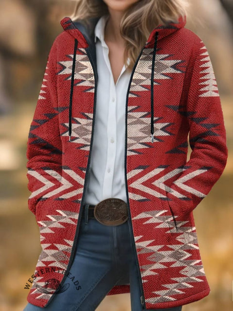 Red Aztec Print Unisex Plush Thick Long-Sleeved Cardigan Coat