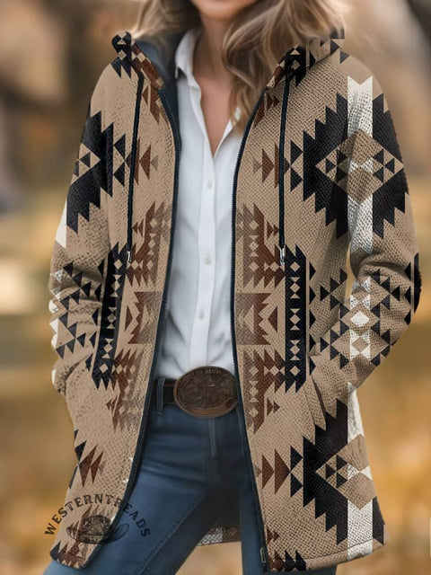 Aztec Print Unisex Plush Thick Long-Sleeved Cardigan Coat