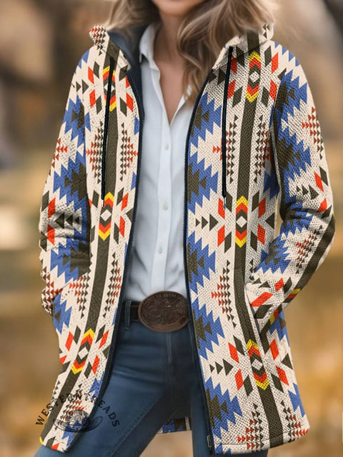Aztec Print Unisex Plush Thick Long-Sleeved Cardigan Coat