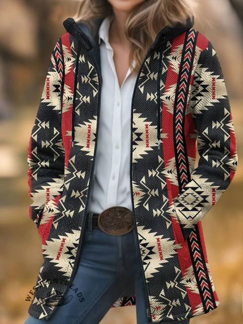 Aztec Print Unisex Plush Thick Long-Sleeved Cardigan Coat