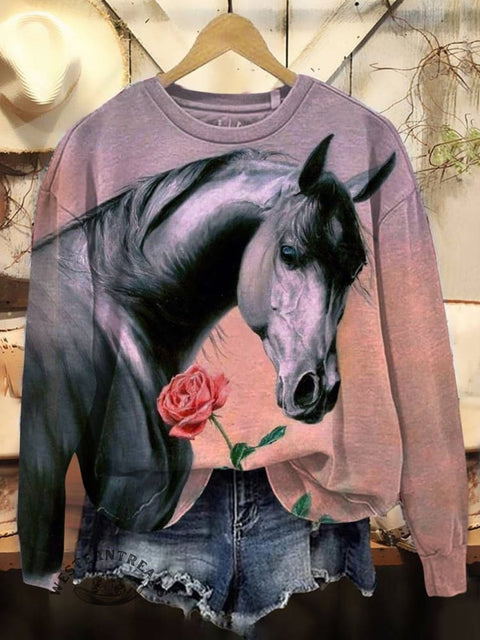 Horse Art Print Casual Cotton Sweatshirt