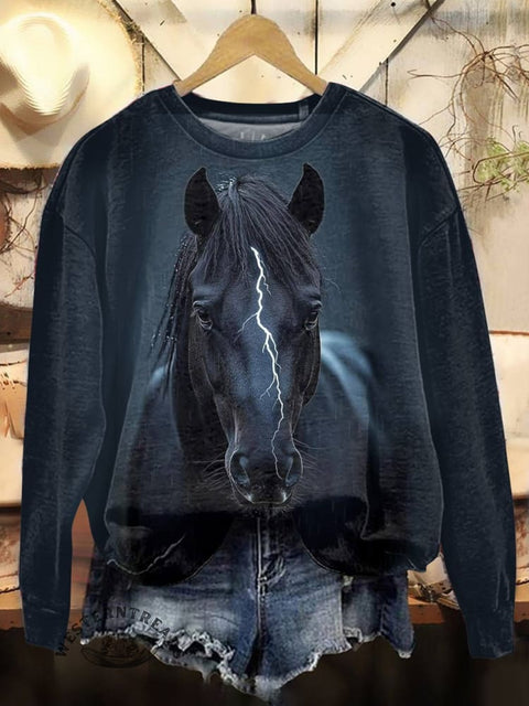 Horse Art Print Casual Cotton Sweatshirt