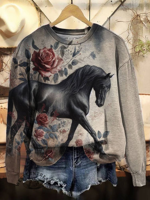 Horse Art Print Casual Cotton Sweatshirt