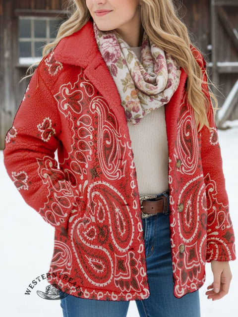 Women's Red Paisley Print Casual Sherpa Coat Cardigan