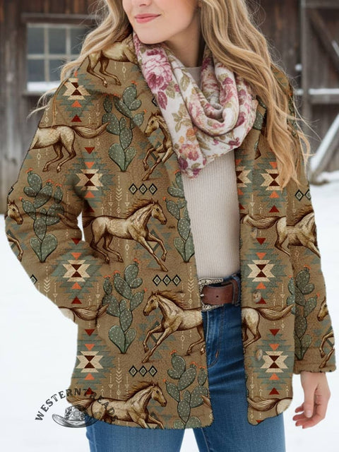 Women's Classic West Print Casual Sherpa Coat Cardigan