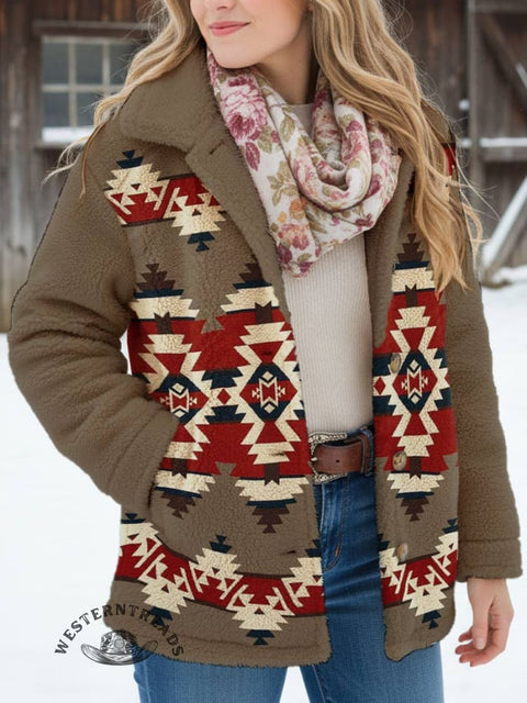 Women's Aztec Print Casual Sherpa Coat Cardigan