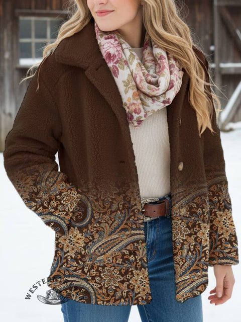 Women's Paisley Print Casual Sherpa Coat Cardigan