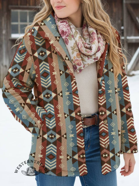 Women's Aztec Stripes Print Casual Sherpa Coat Cardigan