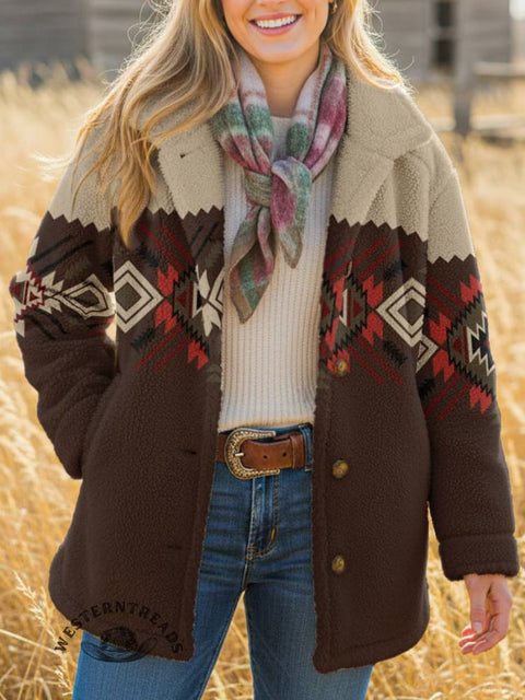 Women's Aztec Print Casual Sherpa Coat Cardigan