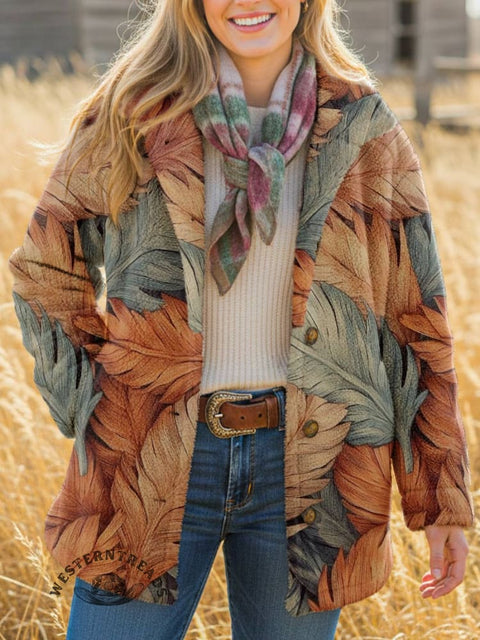 Women's Feather Print Casual Sherpa Coat Cardigan