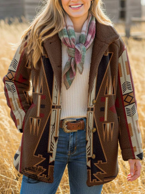 Women's Aztec Print Casual Sherpa Coat Cardigan