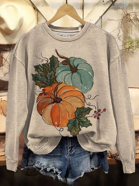 Pumpkin Print Casual Cotton Sweatshirt