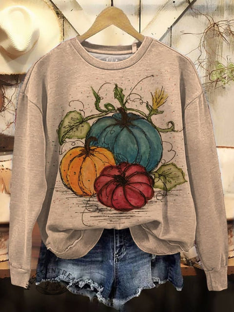 Pumpkin Print Casual Cotton Sweatshirt
