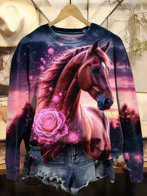 Horse Art Print Casual Cotton Sweatshirt