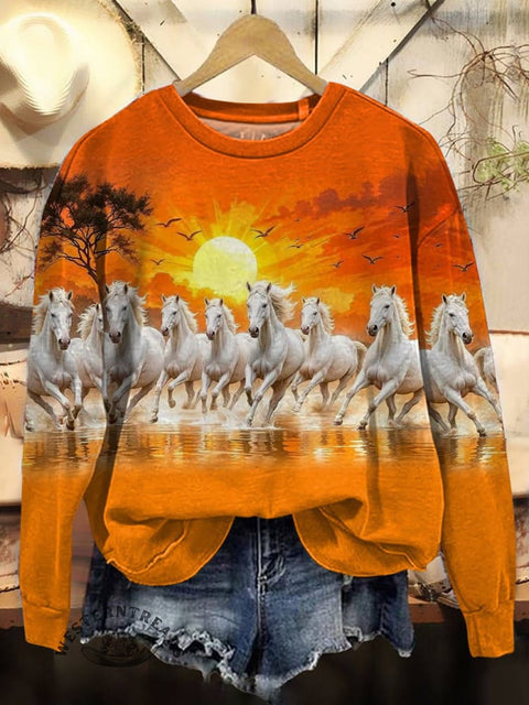 Horse Art Print Casual Cotton Sweatshirt