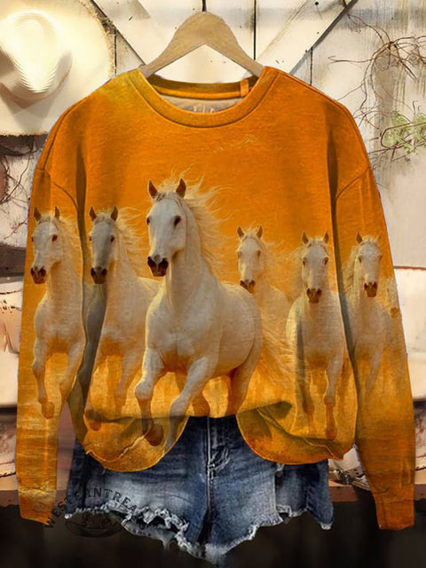 Horse Art Print Casual Cotton Sweatshirt
