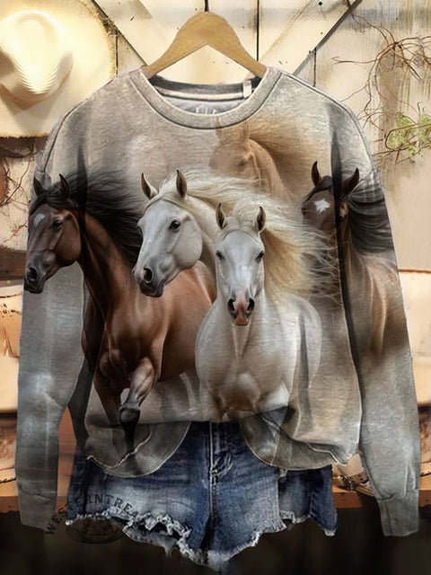 Horse Art Print Casual Cotton Sweatshirt