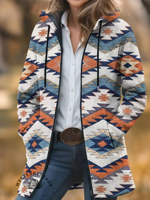 Aztec Print Unisex Plush Thick Long-Sleeved Cardigan Coat