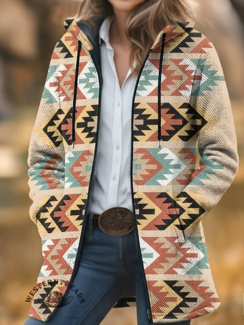 Aztec Print Unisex Plush Thick Long-Sleeved Cardigan Coat