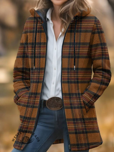 Brown Check Pattern Print Unisex Plush Thick Long-Sleeved Cardigan Coat