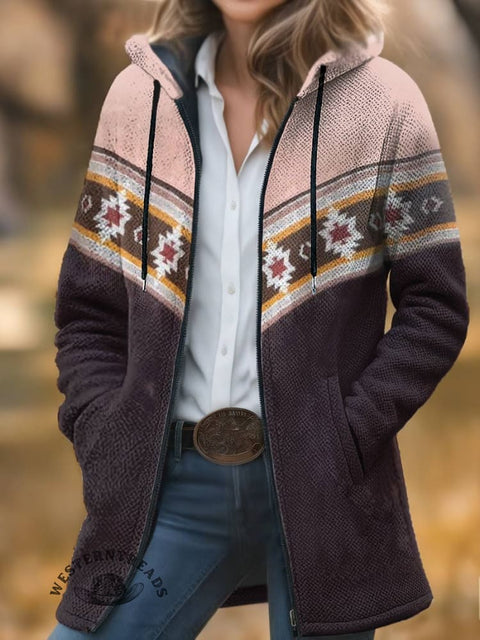 Aztec Print Unisex Plush Thick Long-Sleeved Cardigan Coat