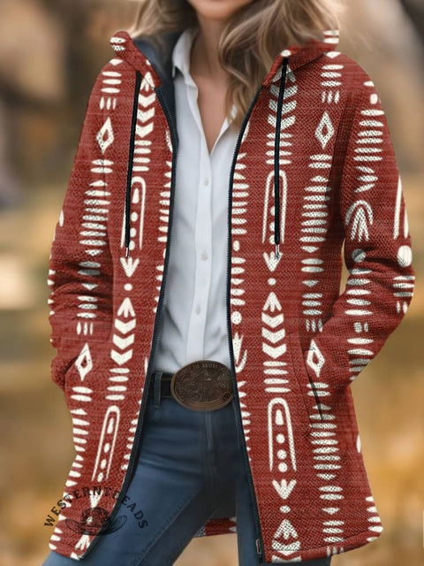 Red Aztec Print Unisex Plush Thick Long-Sleeved Cardigan Coat