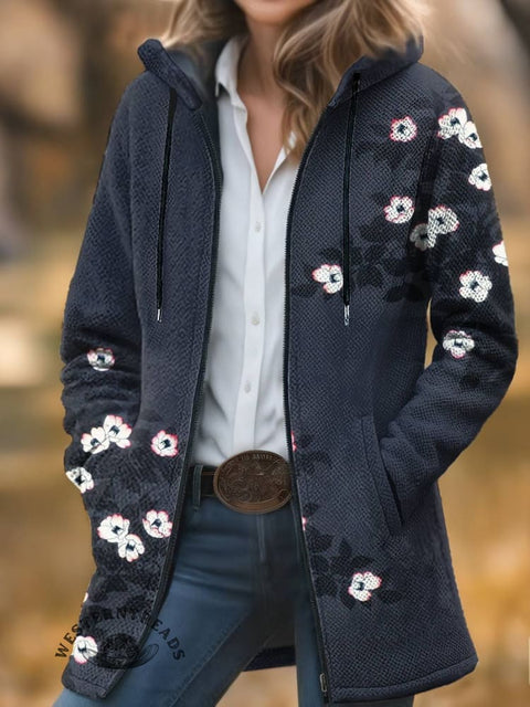 Floral Print Unisex Plush Thick Long-Sleeved Cardigan Coat