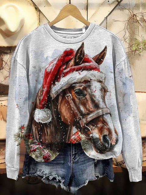 Christmas Horse Art Print Casual Cotton Sweatshirt
