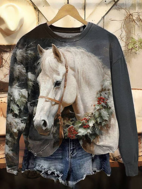 Christmas Horse Art Print Casual Cotton Sweatshirt