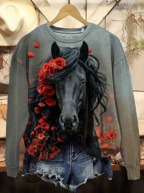 Christmas Horse Art Print Casual Cotton Sweatshirt