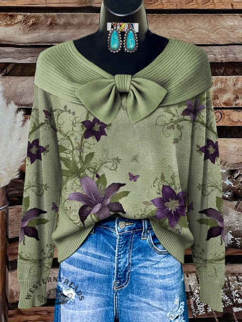 Green Flower Print Buttoned Cardigan Sweater