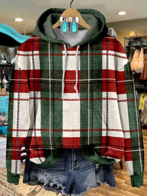 Red and Green Checkered Print Cotton Casual Hoodie Sweatshirt