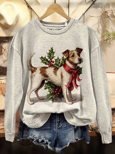 Christmas Dog Print Casual Cotton Sweatshirt