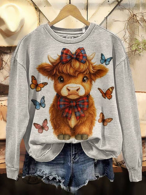 Highland Cattle Print Casual Cotton Sweatshirt