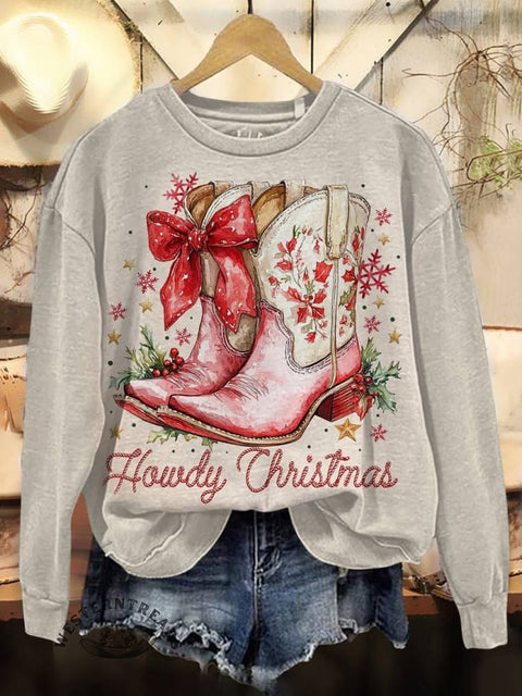 Christmas Cowboy Boots Print Casual Cotton Sweatshirt