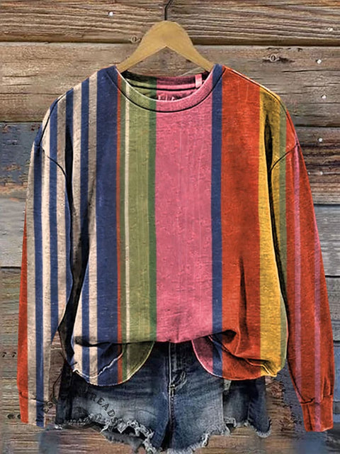 Simple Stripe Art Print Casual Cotton Sweatshirt