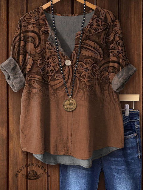 Women's Retro Leather Embossing Pattern Casual Cotton Linen Shirt