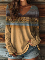 100% Cotton🍃Women's Retro Pattern Print Casual V-neck Long Sleeve T-shirt