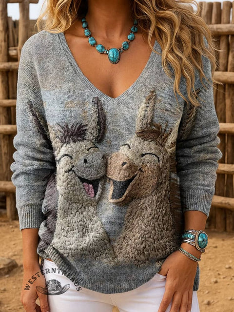 Women's Retro Embroidery Donkey Art Print Casual Pullover Sweater
