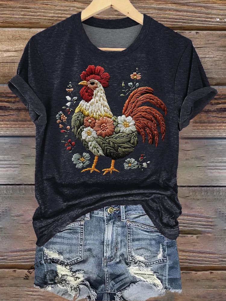 Embroidery Art Chicken Print T-shirt