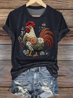 Embroidery Art Chicken Print T-shirt