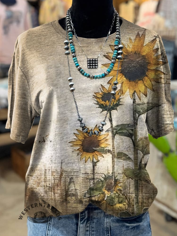 Retro Sunflower Art Painting Print T-shirt