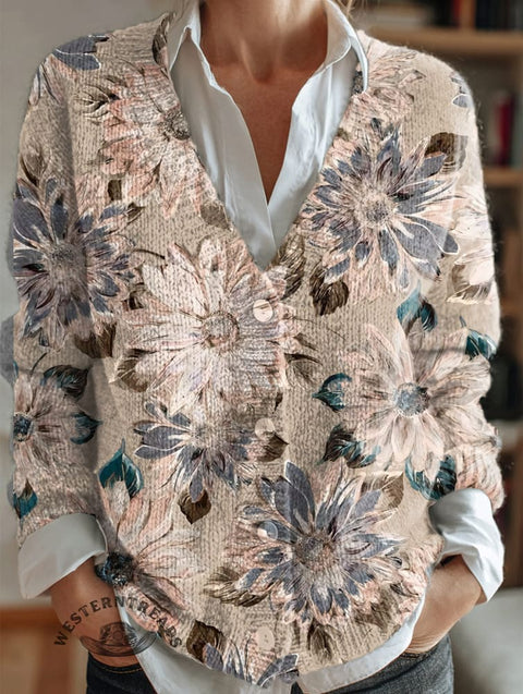 Retro Beige Floral Print Buttoned V-neck Cardigan Sweater